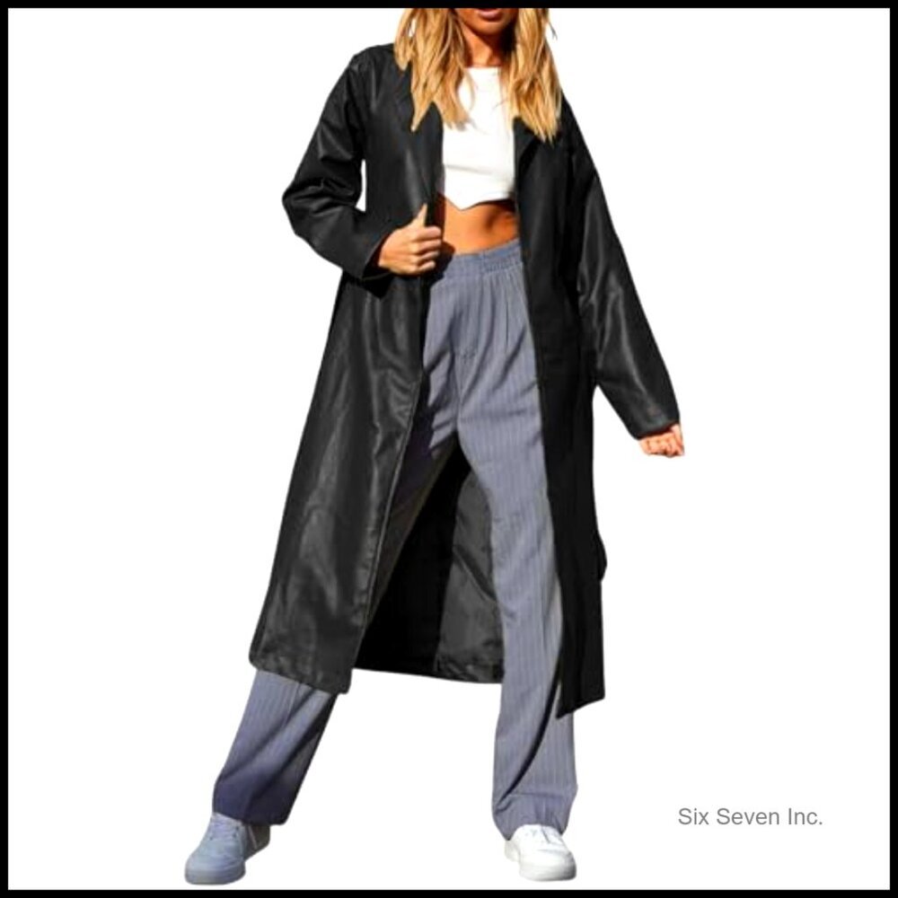 Slim Fit Faux Leather Trench Coat, Button Closure, Long Sleeve Ankle Length - Picture 2 of 5